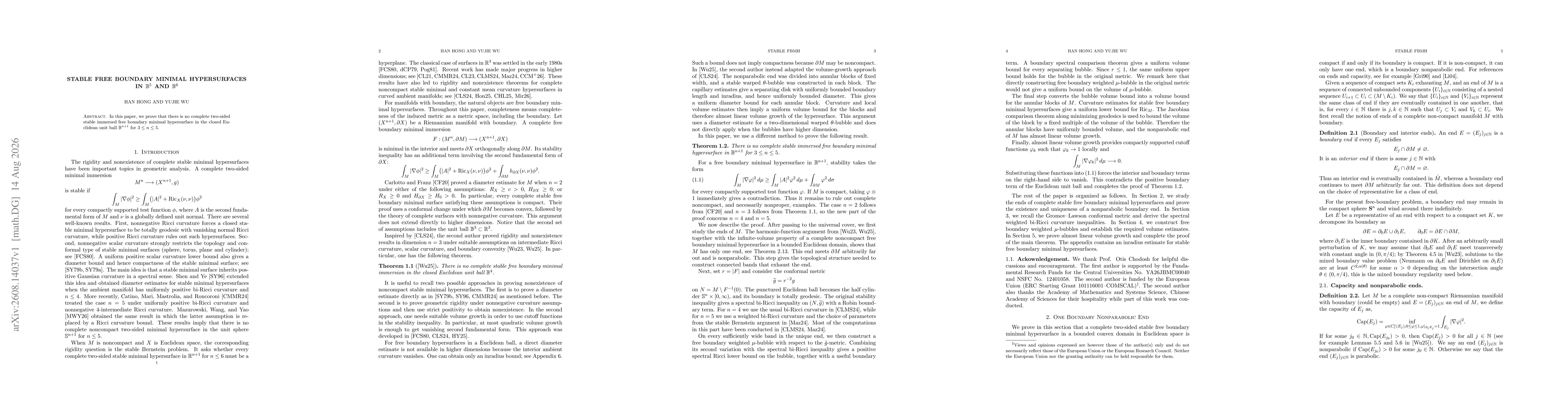 Thumbnail for Stable Free Boundary Minimal Hypersurfaces in $\mathbb{B}^5$ and $\mathbb{B}^6$