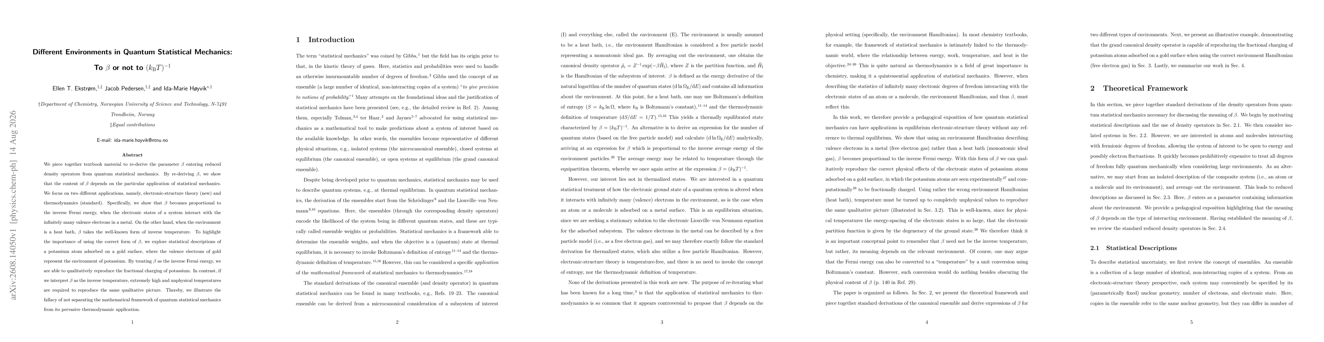 Thumbnail for Different Environments in Quantum Statistical Mechanics: To $β$ or not to $(k_{\mathrm{B}} T)^{-1}$