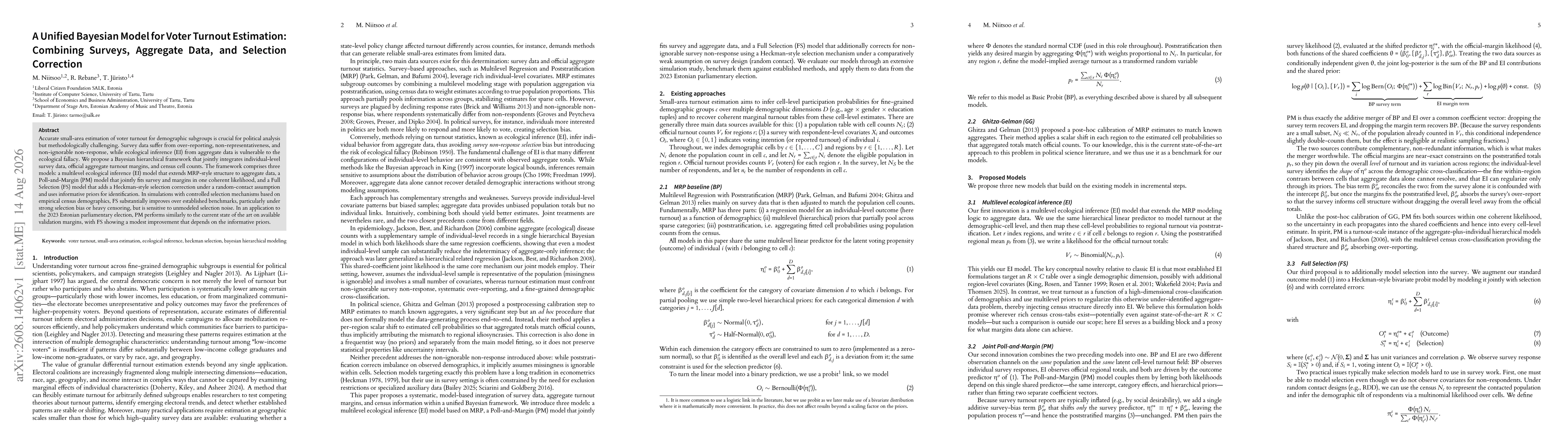 Thumbnail for A Unified Bayesian Model for Voter Turnout Estimation: Combining Surveys, Aggregate Data, and Selection Correction