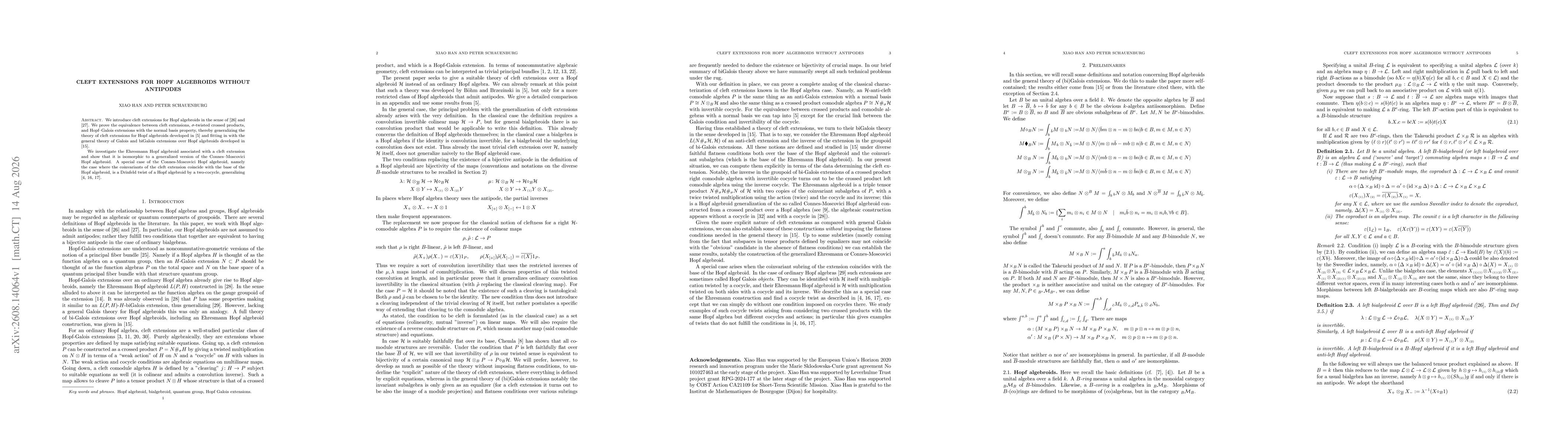 Thumbnail for Cleft Extensions for Hopf Algebroids without Antipodes