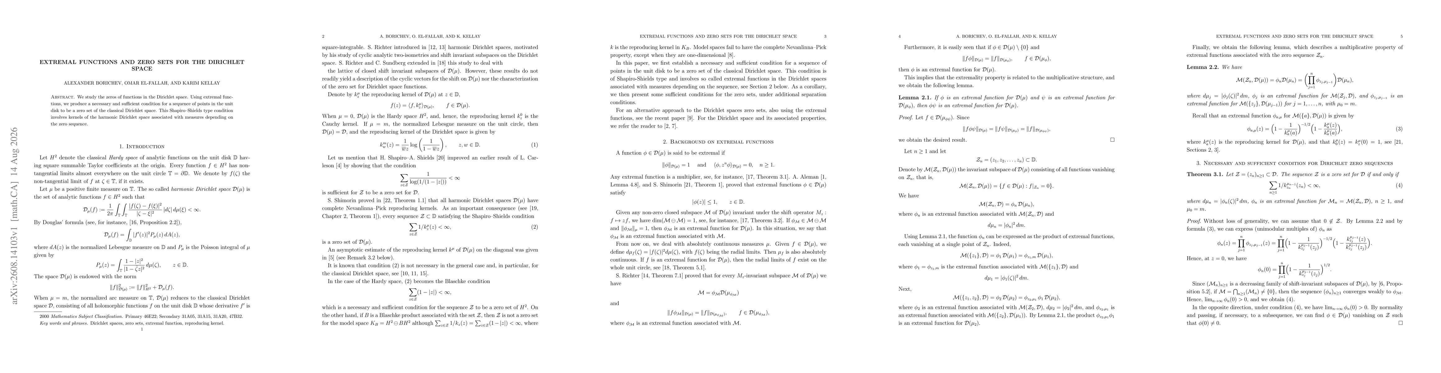 Thumbnail for Extremal functions and zero sets for the Dirichlet space