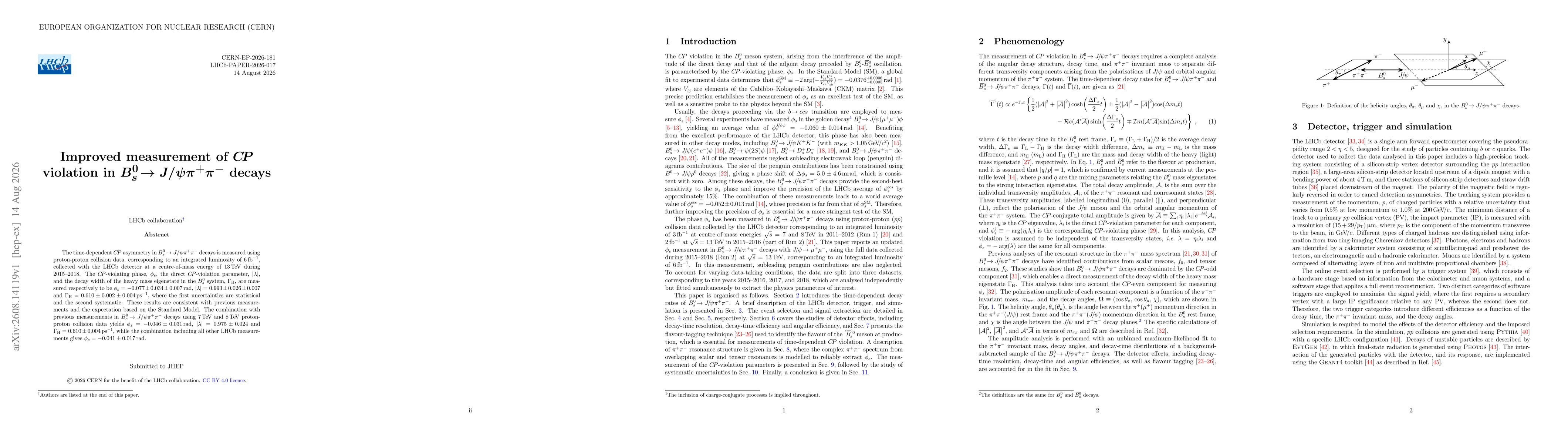 Thumbnail for Improved measurement of $C\!P$ violation in $B^{0}_{s} \!\to J/ψπ^{+}π^{-}$ decays