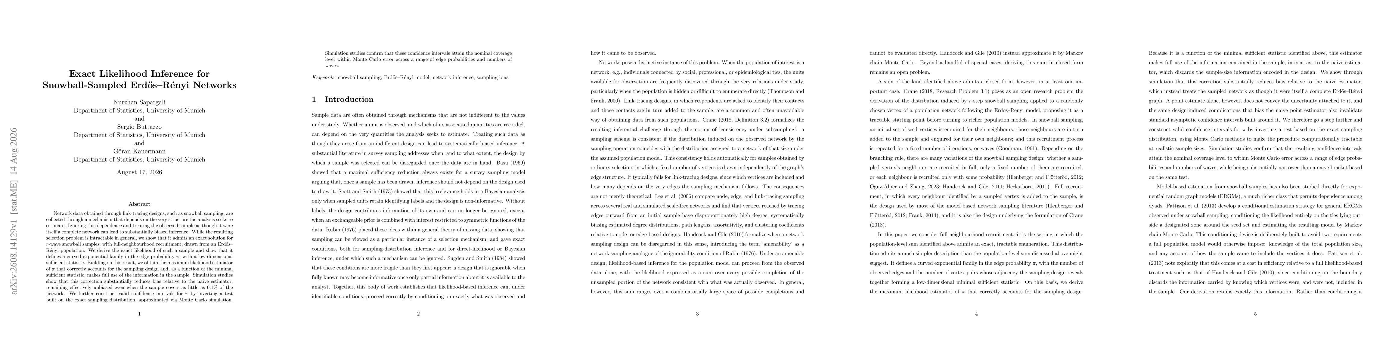 Thumbnail for Exact Likelihood Inference for Snowball-Sampled Erdős-Rényi Networks