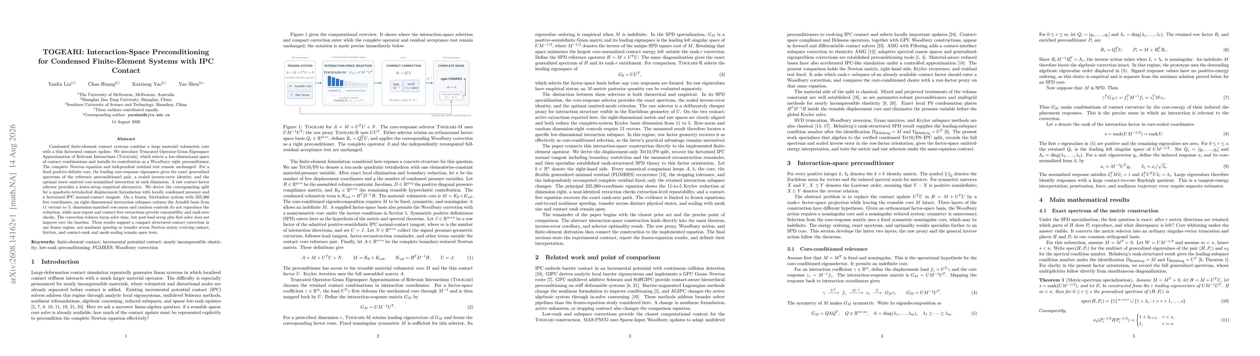 Thumbnail for TOGEARI: Interaction-Space Preconditioning for Condensed Finite-Element Systems with IPC Contact