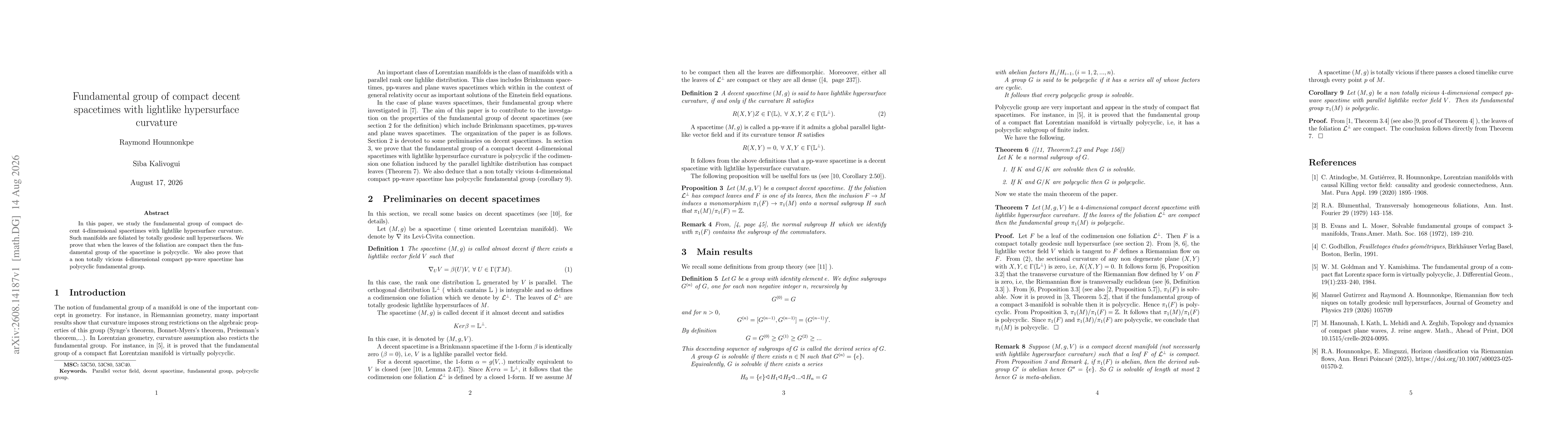 Thumbnail for Fundamental group of compact decent spacetimes with lightlike hypersurface curvature
