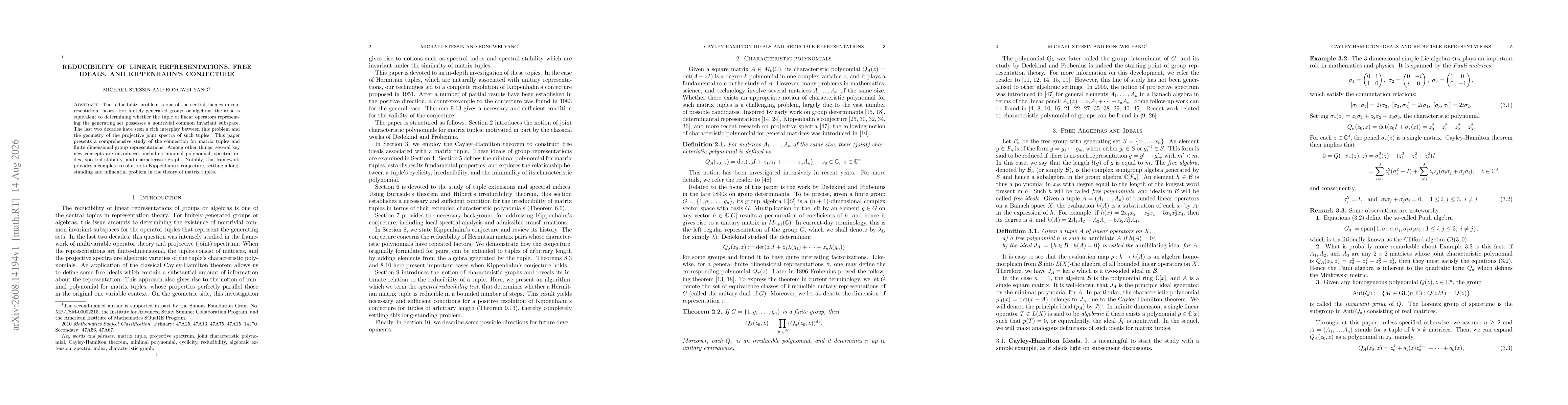 Thumbnail for Reducibility of linear representations, free ideals, and Kippenhahn's conjecture