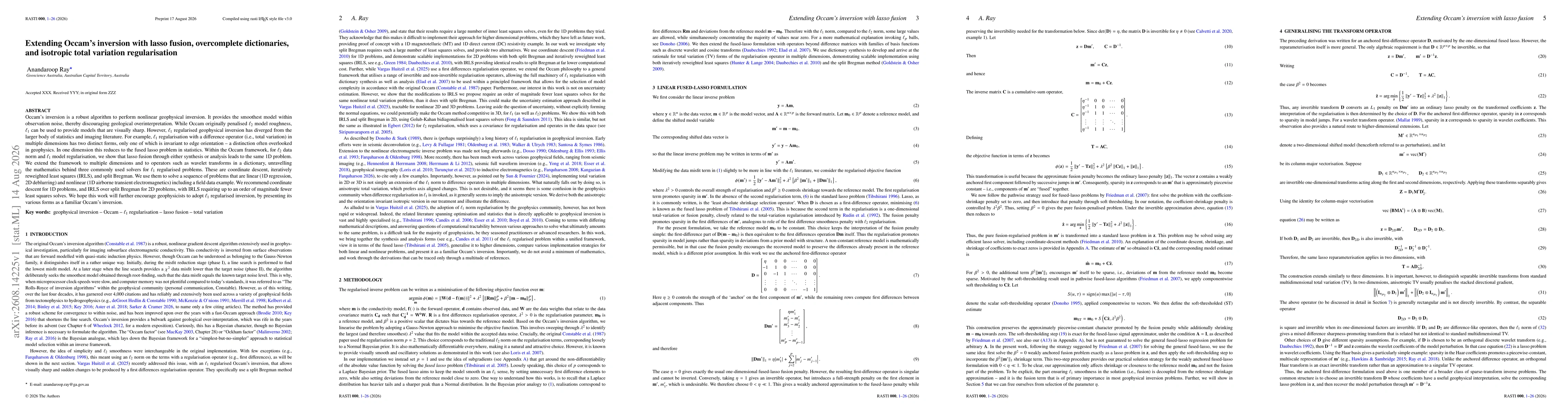Thumbnail for Extending Occam's inversion with lasso fusion, overcomplete dictionaries, and isotropic total variation regularisation