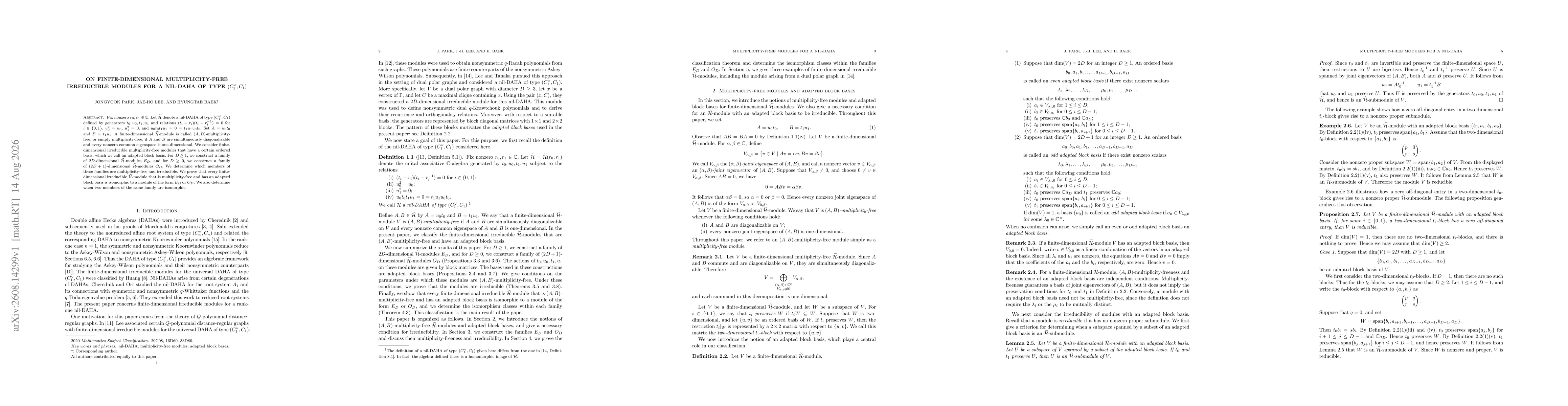 Thumbnail for On finite-dimensional multiplicity-free irreducible modules for a nil-DAHA of type $(C_1^\vee,C_1)$