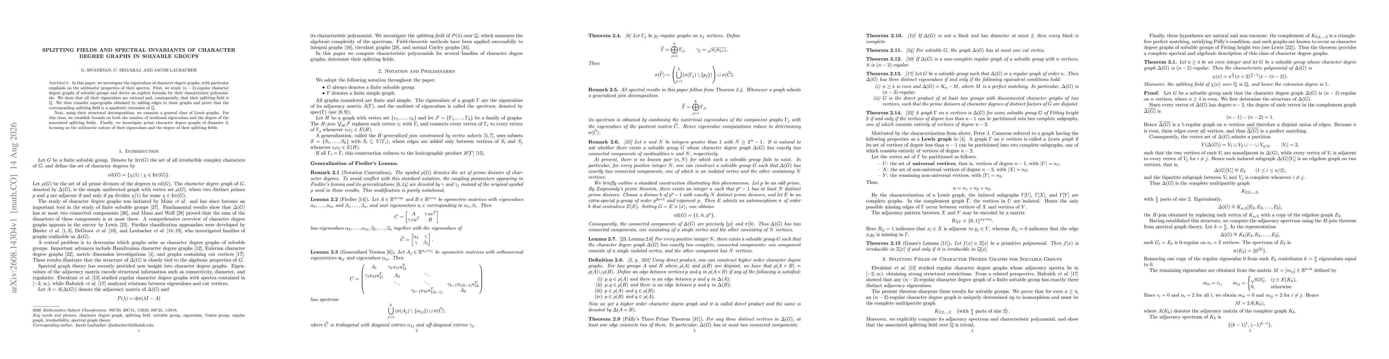 Thumbnail for Splitting fields and spectral invariants of character degree graphs in solvable groups