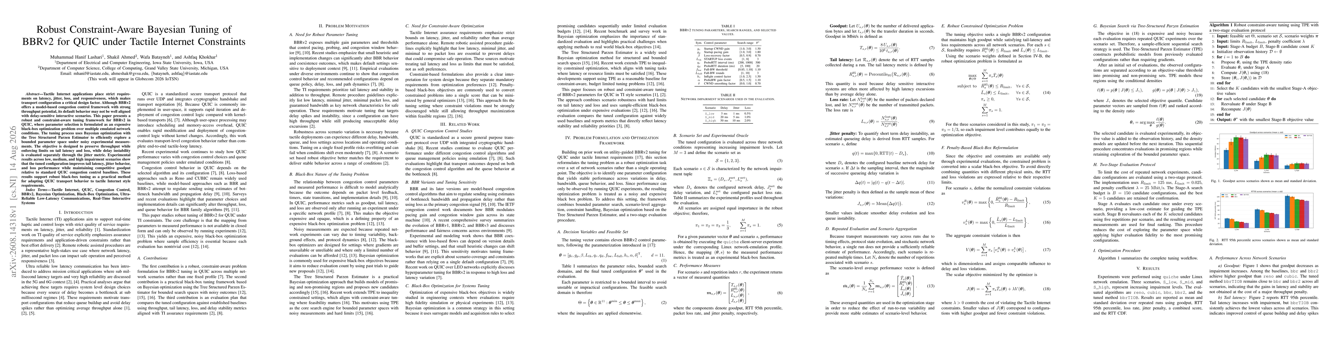 Thumbnail for Robust Constraint-Aware Bayesian Tuning of BBRv2 for QUIC under Tactile Internet Constraints