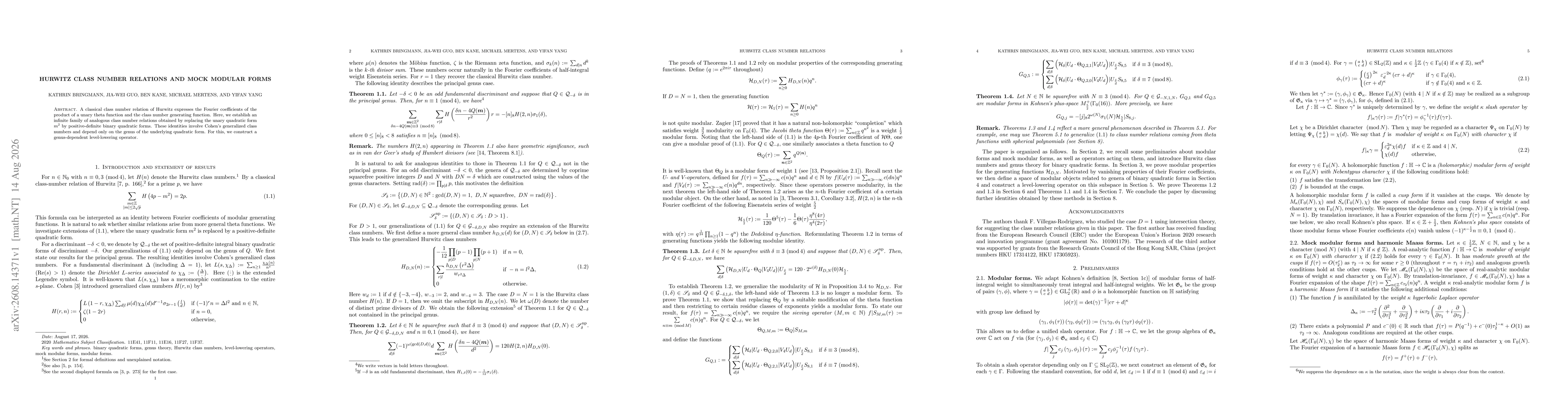 Thumbnail for Hurwitz class number relations and mock modular forms