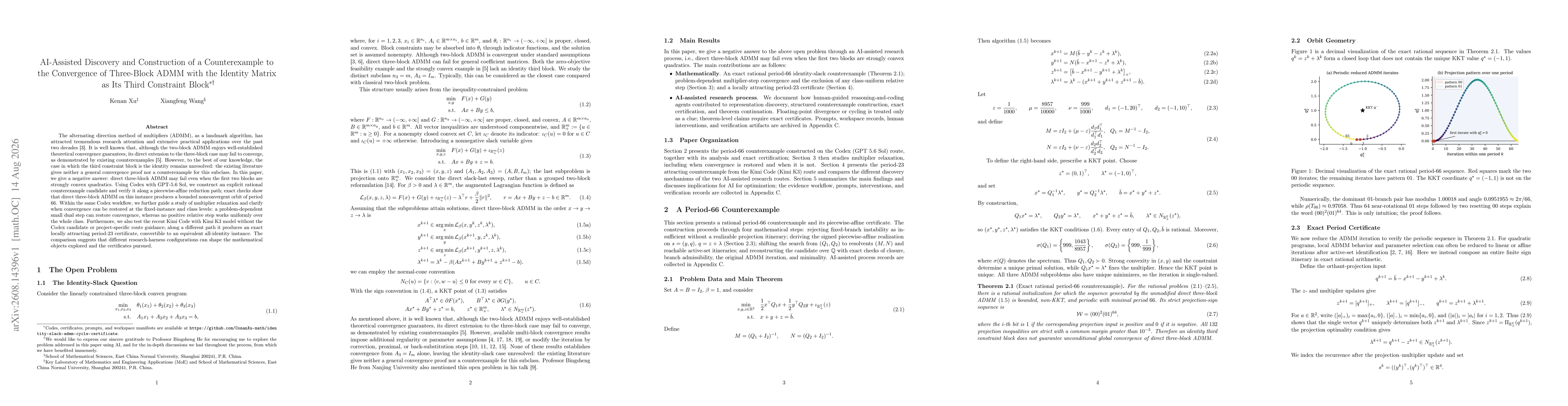 Thumbnail for AI-Assisted Discovery and Construction of a Counterexample to the Convergence of Three-Block ADMM with the Identity Matrix as its Third Constraint Block