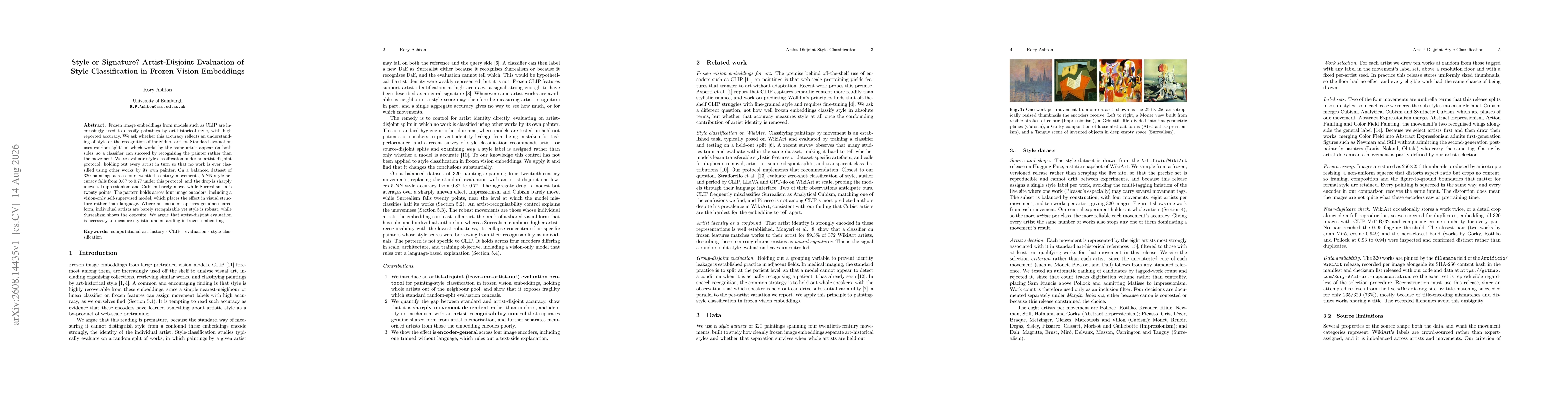 Thumbnail for Style or Signature? Artist-Disjoint Evaluation of Style Classification in Frozen Vision Embeddings