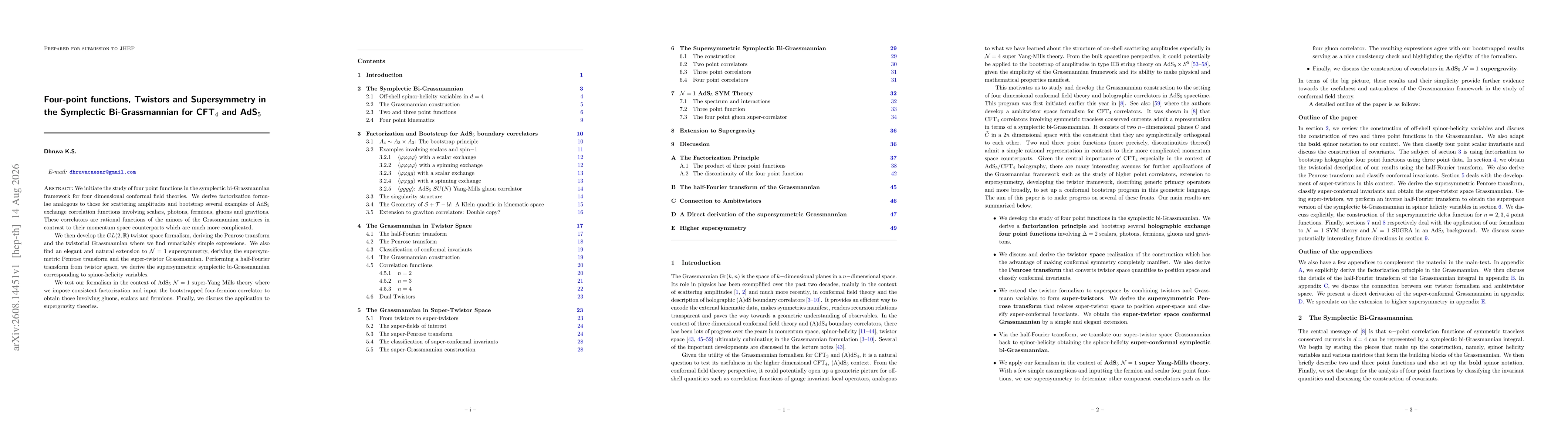 Thumbnail for Four-point functions, Twistors and Supersymmetry in the Symplectic Bi-Grassmannian for CFT$_4$ and AdS$_5$