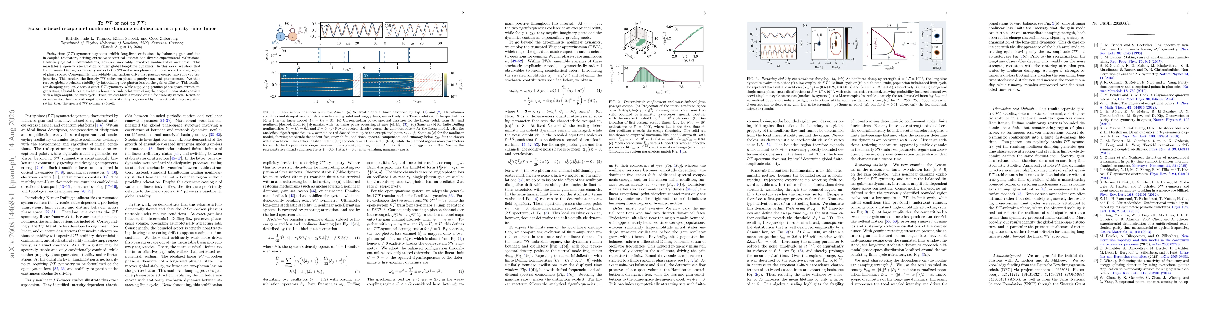 Thumbnail for To $\mathcal{PT}$ or not to $\mathcal{PT}$: Noise-induced escape and nonlinear-damping stabilization in a parity-time dimer