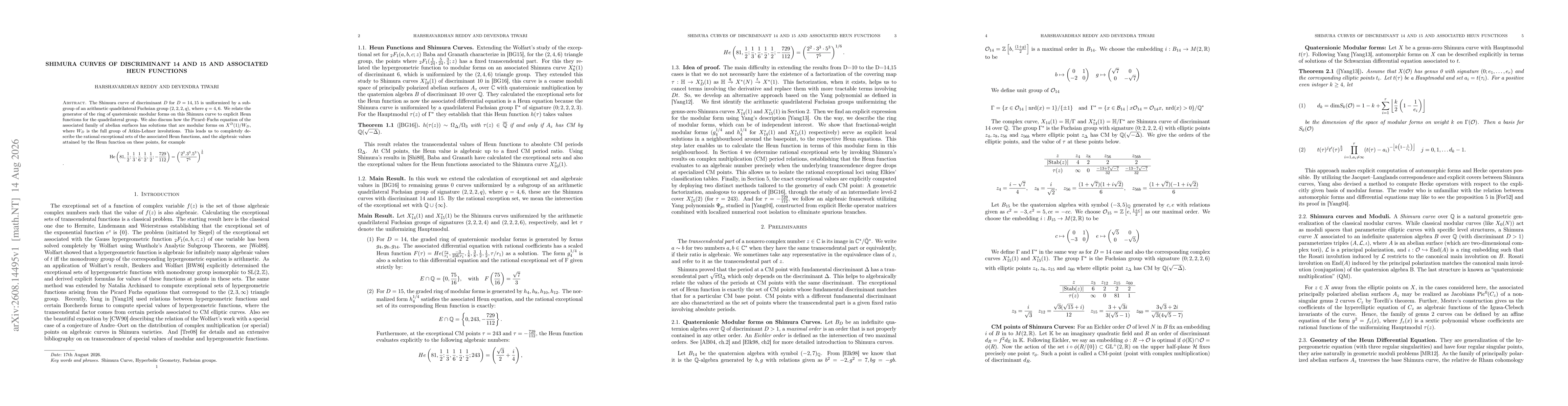 Thumbnail for Shimura curves of discriminant 14 and 15 and associated Heun Functions