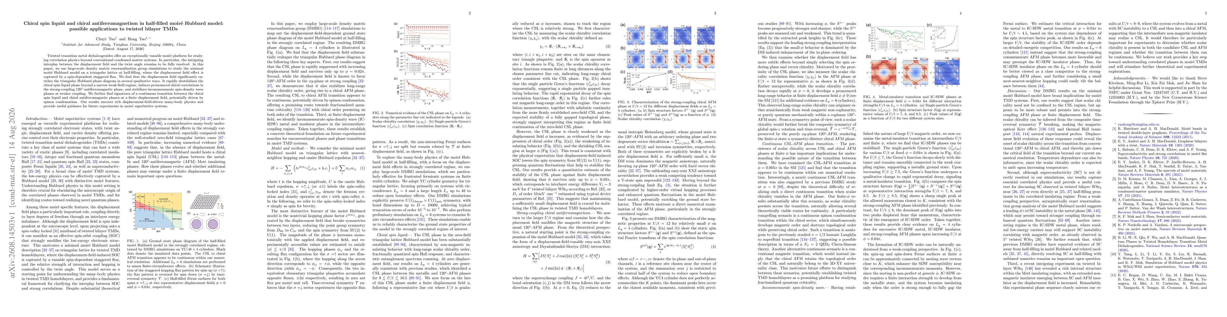 Thumbnail for Chiral spin liquid and chiral antiferromagnetism in half-filled moiré Hubbard model: possible applications to twisted bilayer TMDs