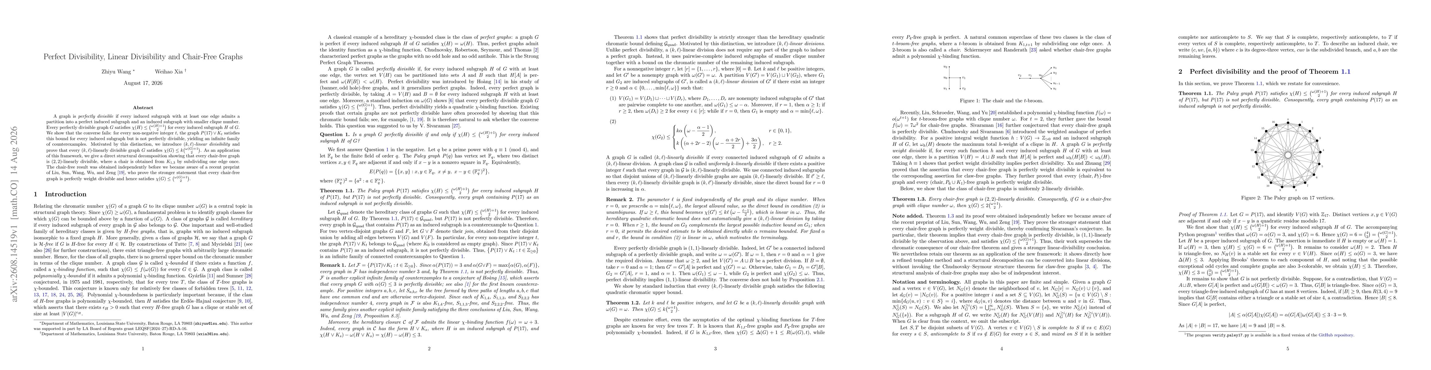 Thumbnail for Perfect Divisibility, Linear Divisibility and Chair-Free Graphs