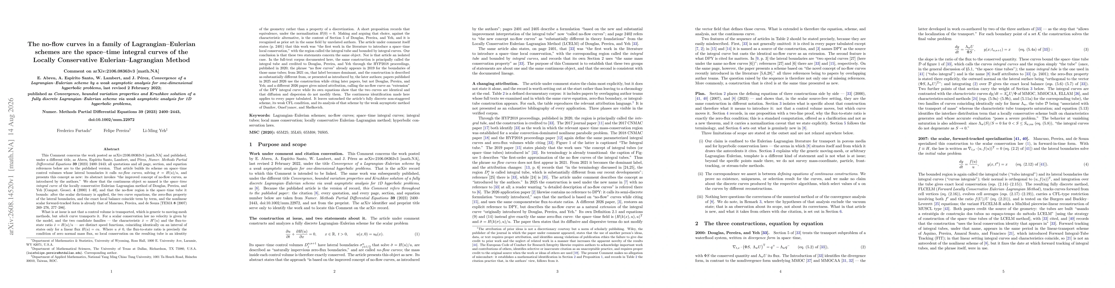 Thumbnail for Comment on arXiv:2106.08363v3 [math.NA], E. Abreu, A. Espirito Santo, W. Lambert, and J. Perez, Convergence of a Lagrangian--Eulerian scheme by a weak asymptotic analysis for one-dimensional hyperbolic problems