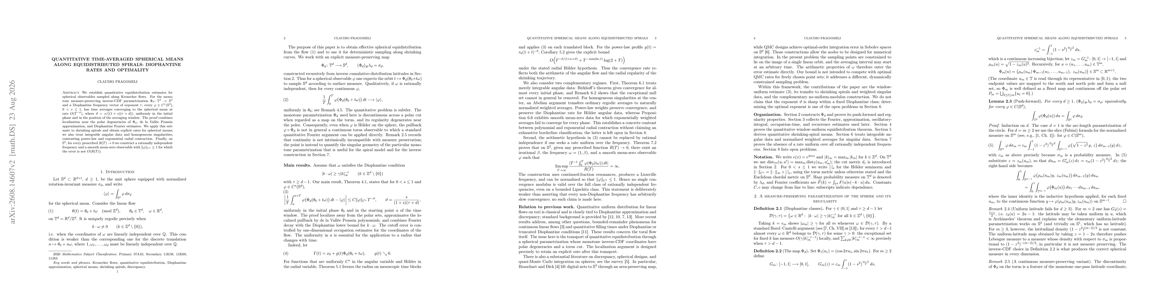Thumbnail for Quantitative Time-Averaged Spherical Means Along Equidistributed Spirals: Diophantine Rates and Optimality