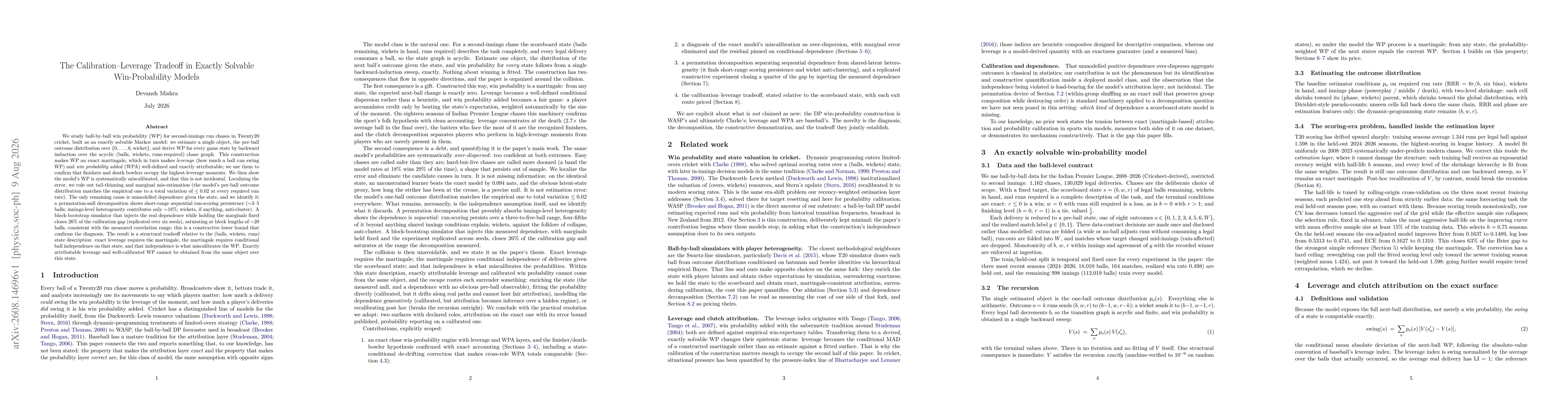 Thumbnail for The Calibration-Leverage Tradeoff in Exactly Solvable Win-Probability Models