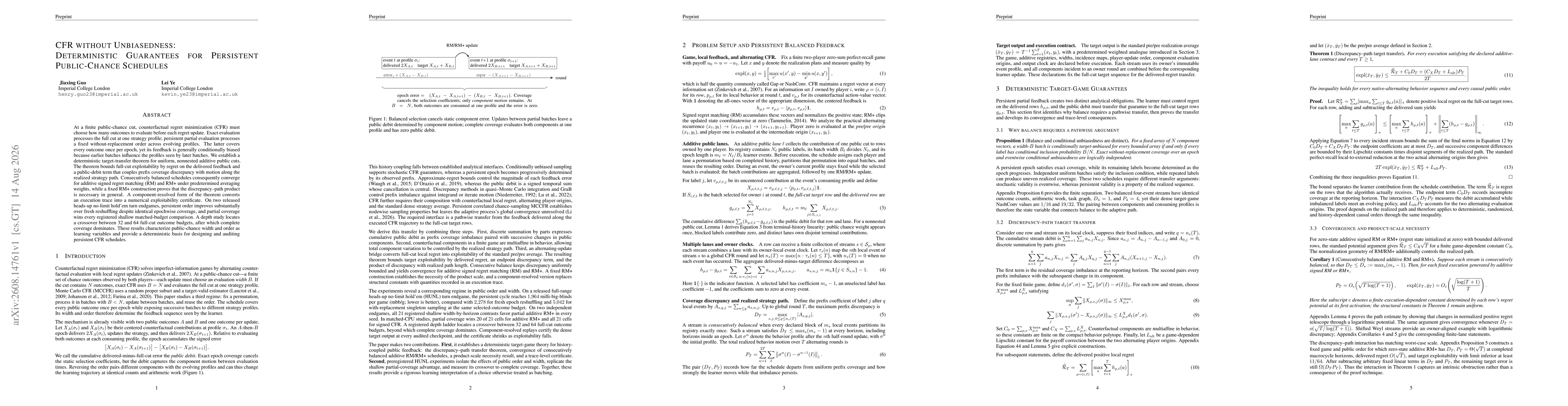 Thumbnail for CFR without Unbiasedness: Deterministic Guarantees for Persistent Public-Chance Schedules