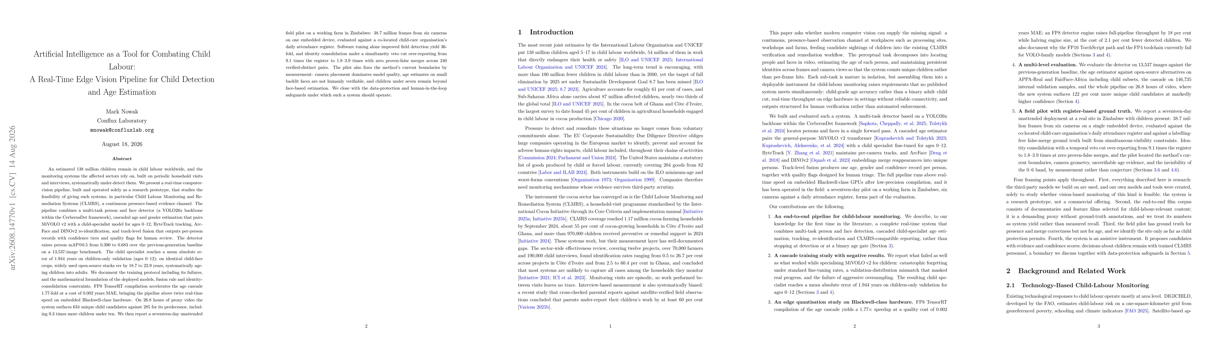Thumbnail for Artificial Intelligence as a Tool for Combating Child Labour: A Real-Time Edge Vision Pipeline for Child Detection and Age Estimation