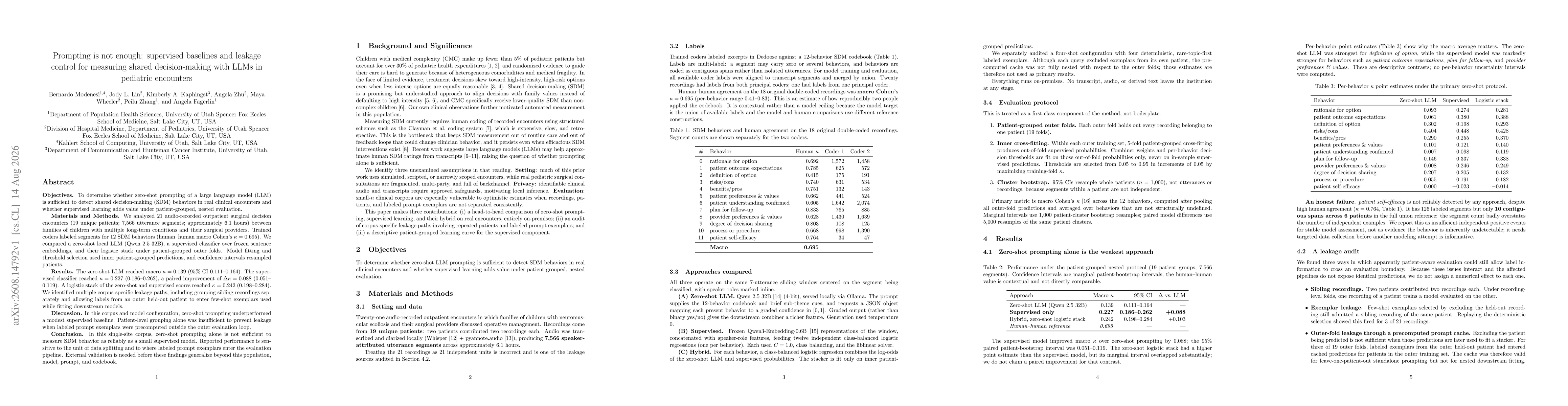 Thumbnail for Prompting is not enough: supervised baselines and leakage control for measuring shared decision-making with LLMs in pediatric encounters