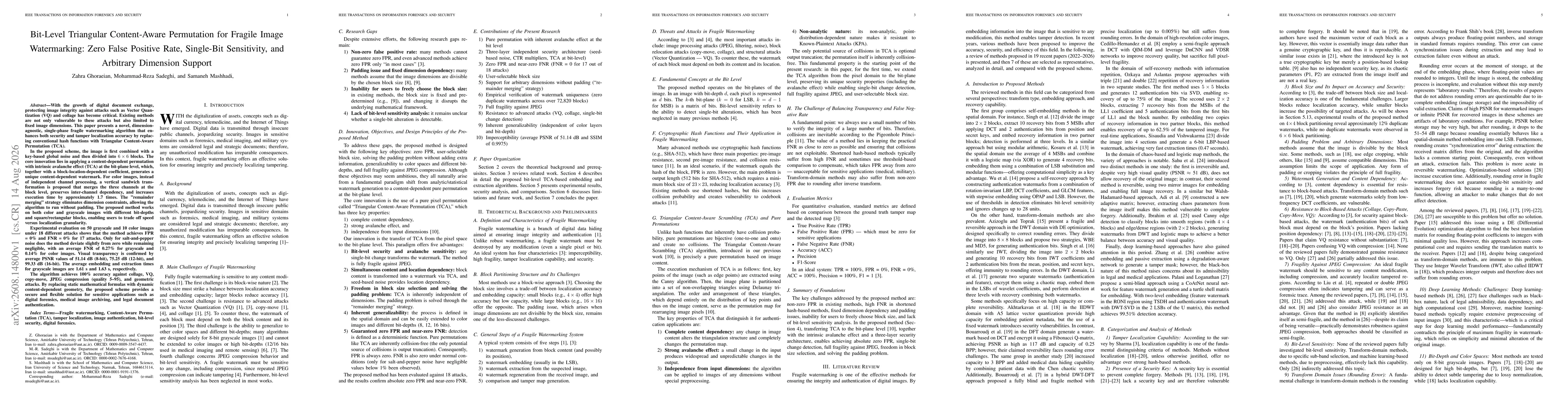 Thumbnail for Bit-Level Triangular Content-Aware Permutation for Fragile Image Watermarking: Zero False Positive Rate, Single-Bit Sensitivity, and Arbitrary Dimension Support
