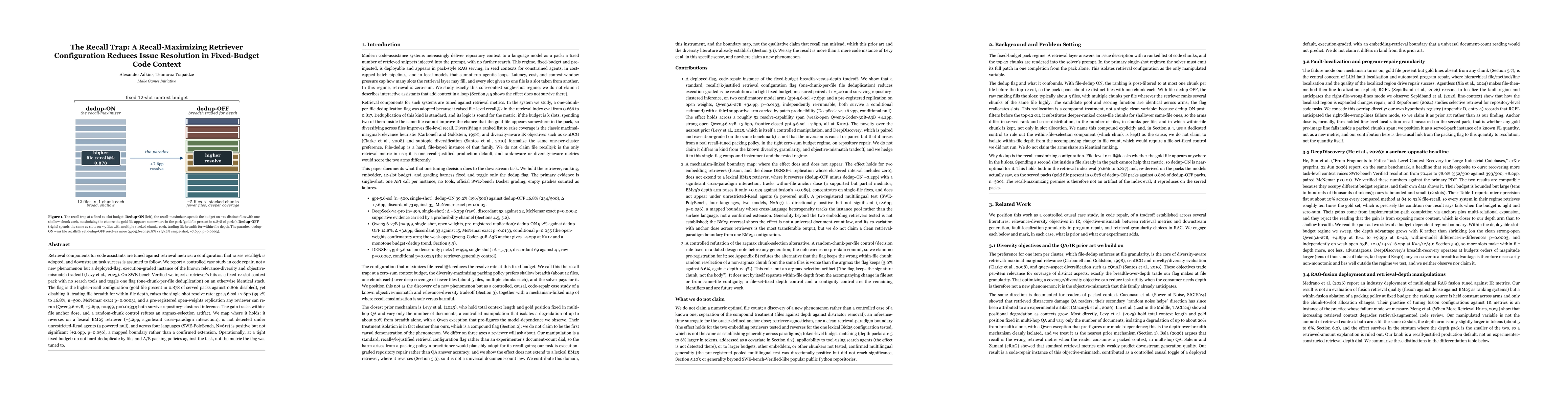 Thumbnail for The Recall Trap: A Recall-Maximizing Retriever Configuration Reduces Issue Resolution in Fixed-Budget Code Context