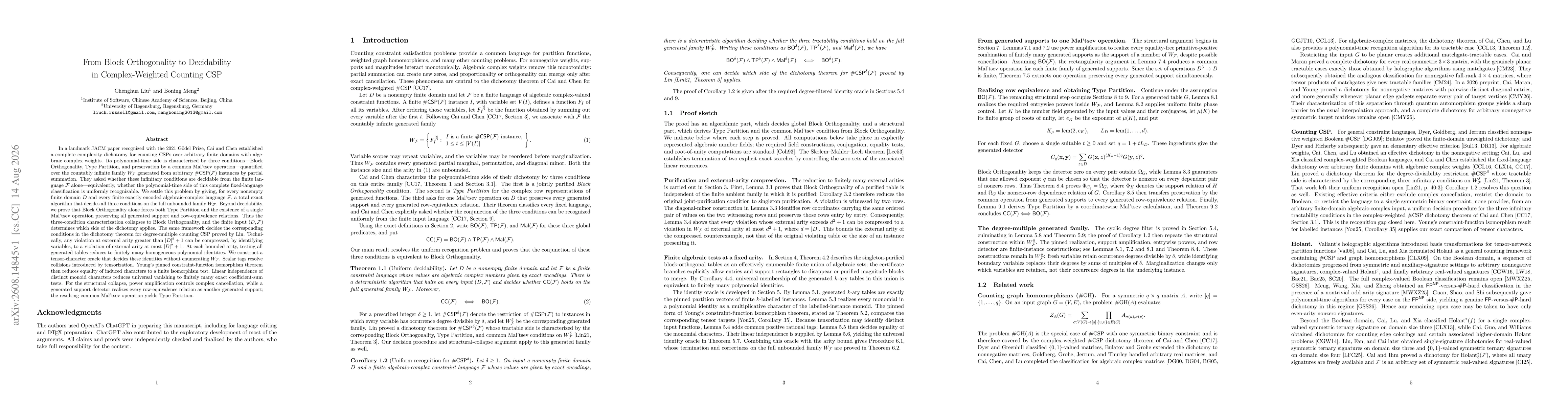 Thumbnail for From Block Orthogonality to Decidability in Complex-Weighted Counting CSP