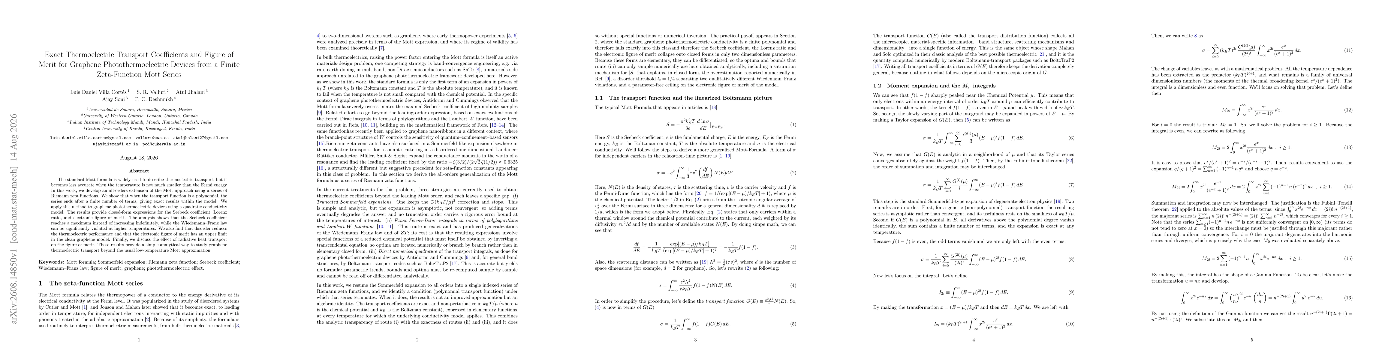 Thumbnail for Exact Thermoelectric Transport Coefficients and Figure of Merit for Graphene Photothermoelectric Devices from a Finite Zeta-Function Mott Series