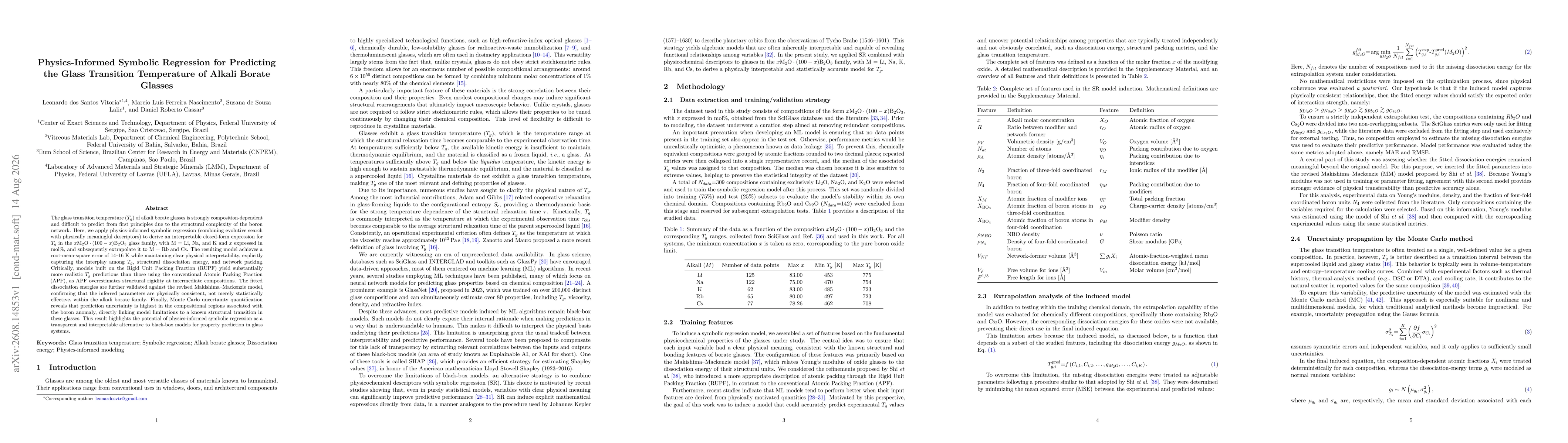 Thumbnail for Physics-Informed Symbolic Regression for Predicting the Glass Transition Temperature of Alkali Borate Glasses