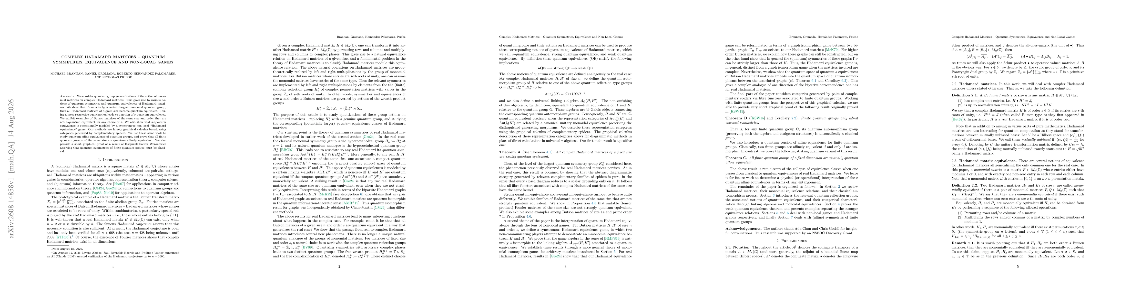 Thumbnail for Complex Hadamard Matrices - Quantum Symmetries, Equivalence and Non-Local Games