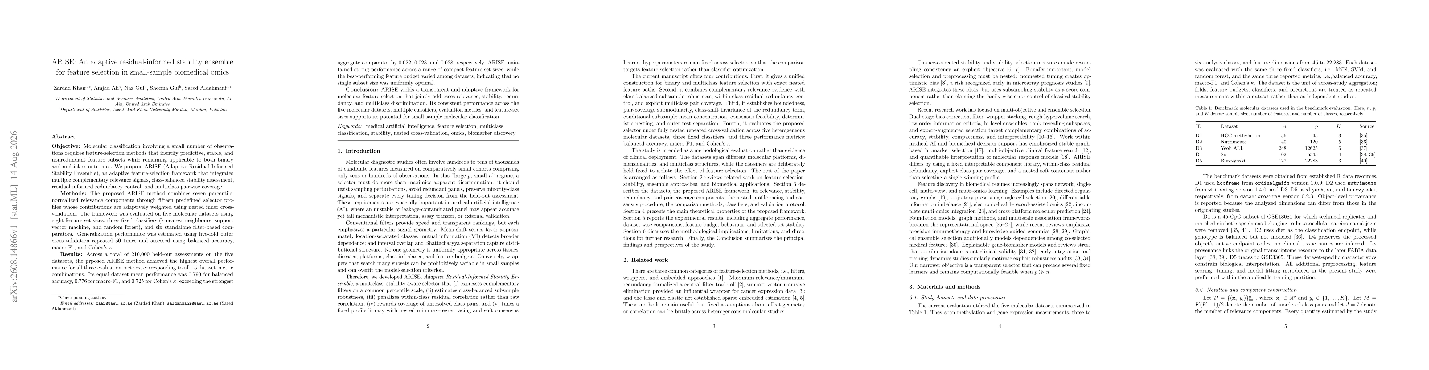 Thumbnail for ARISE: An adaptive residual-informed stability ensemble for feature selection in small-sample biomedical omics
