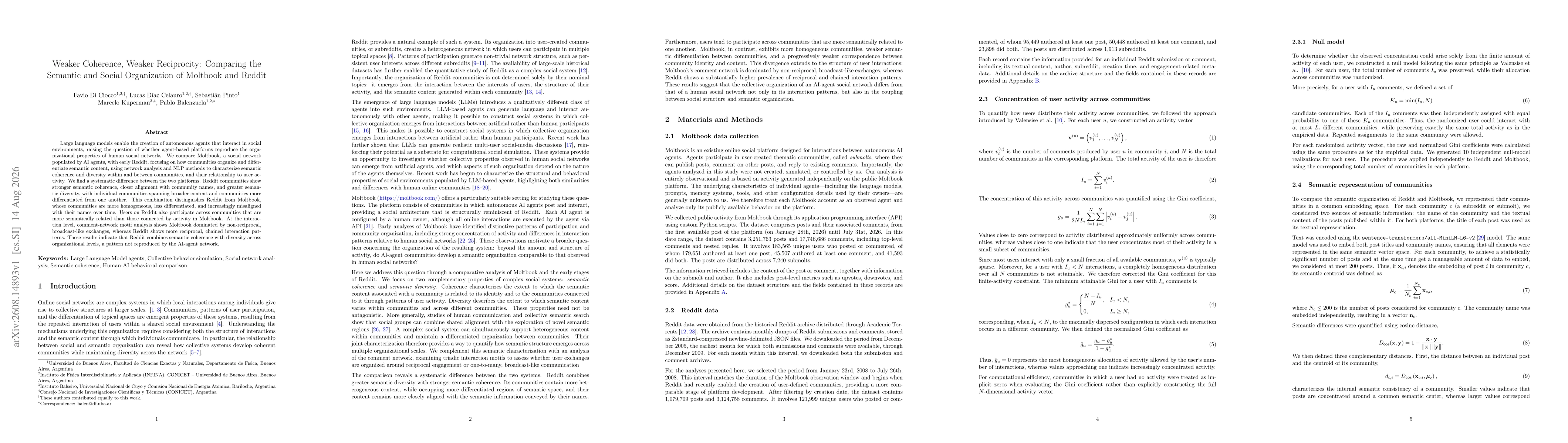 Thumbnail for Weaker Coherence, Weaker Reciprocity: Comparing the Semantic and Social Organization of Moltbook and Reddit