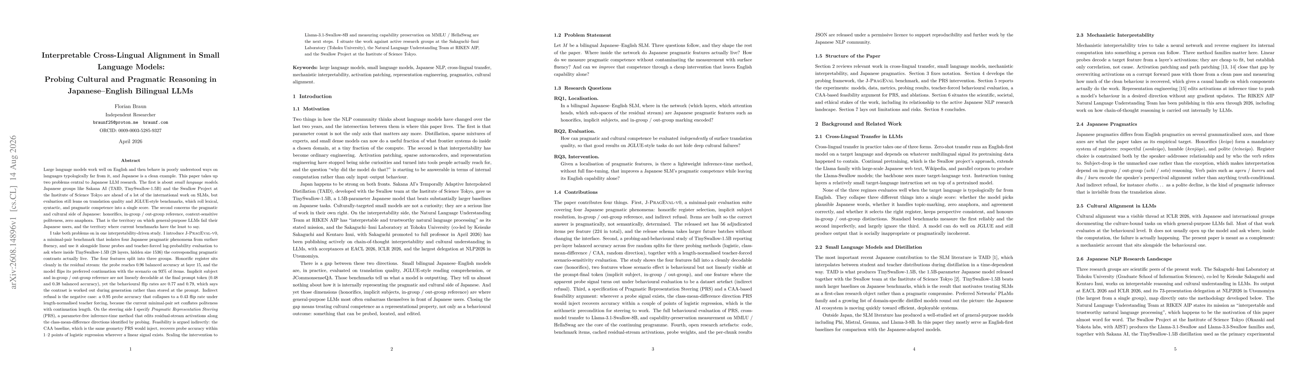 Thumbnail for Interpretable Cross-Lingual Alignment in Small Language Models: Probing Cultural and Pragmatic Reasoning in Japanese-English Bilingual LLMs
