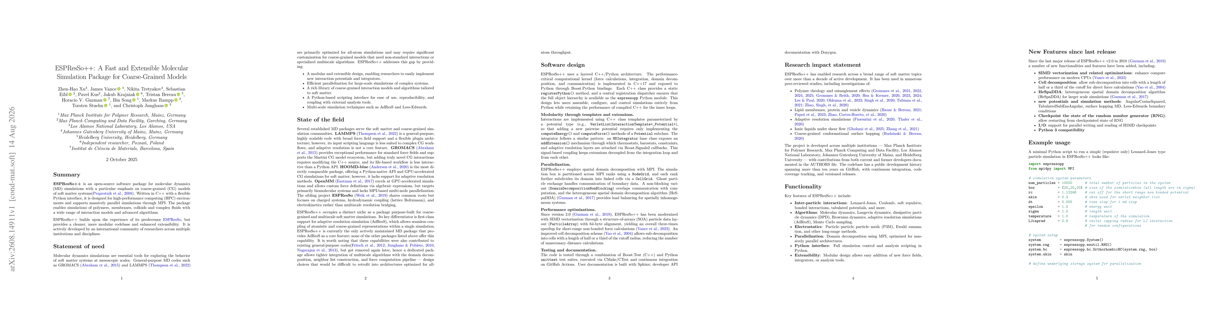 Thumbnail for ESPResSo++: A Fast and Extensible Molecular Simulation Package for Coarse-Grained Models