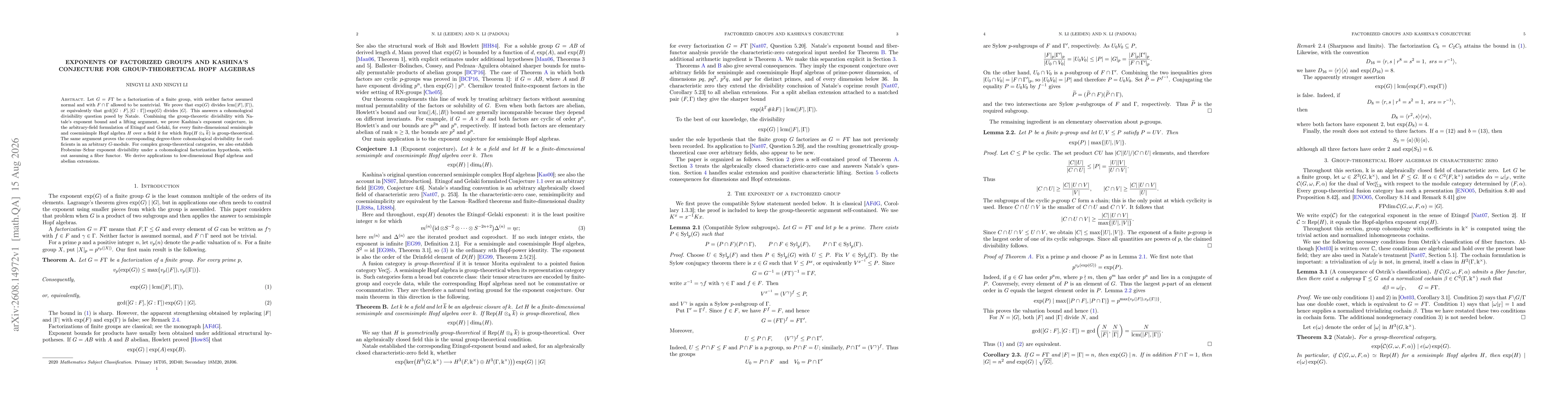 Thumbnail for Exponents of factorized groups and Kashina's conjecture for group-theoretical Hopf algebras
