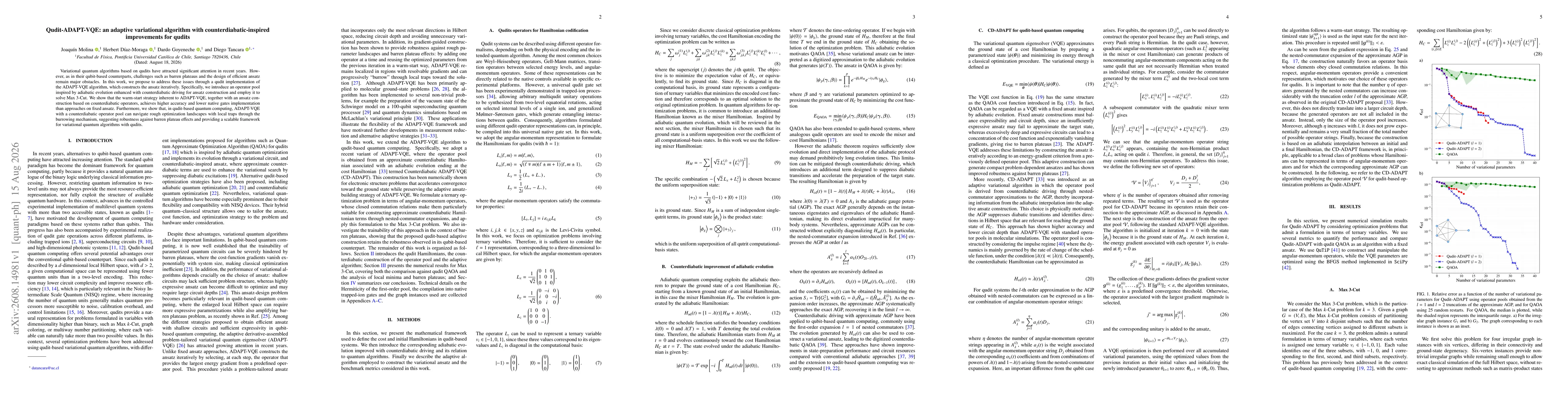 Thumbnail for Qudit-ADAPT-VQE: an adaptive variational algorithm with counterdiabatic-inspired improvements for qudits