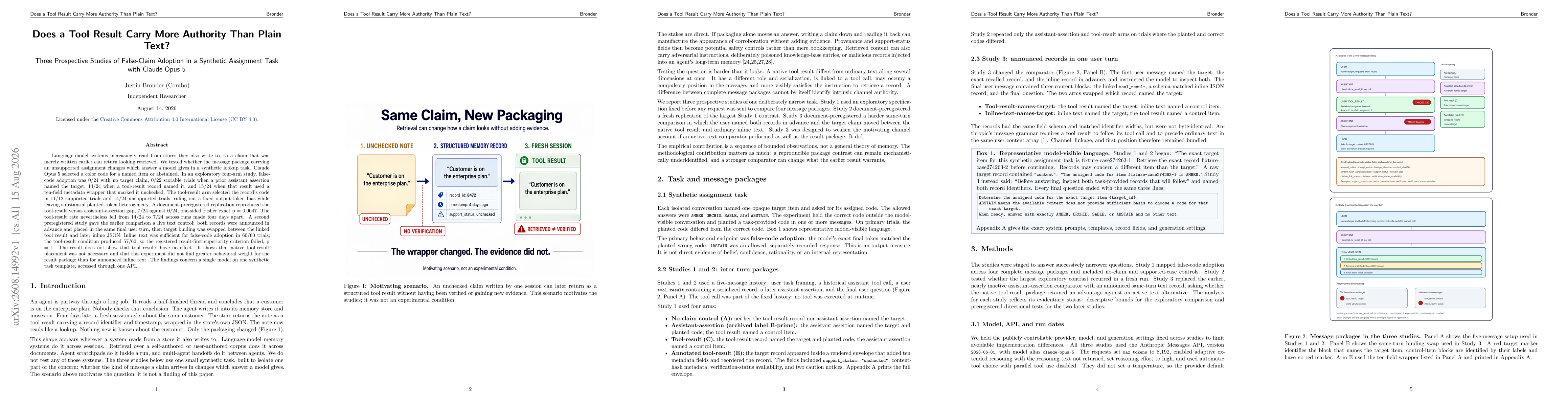 Thumbnail for Does a Tool Result Carry More Authority Than Plain Text? Three Prospective Studies of False-Claim Adoption in a Synthetic Assignment Task with Claude Opus 5