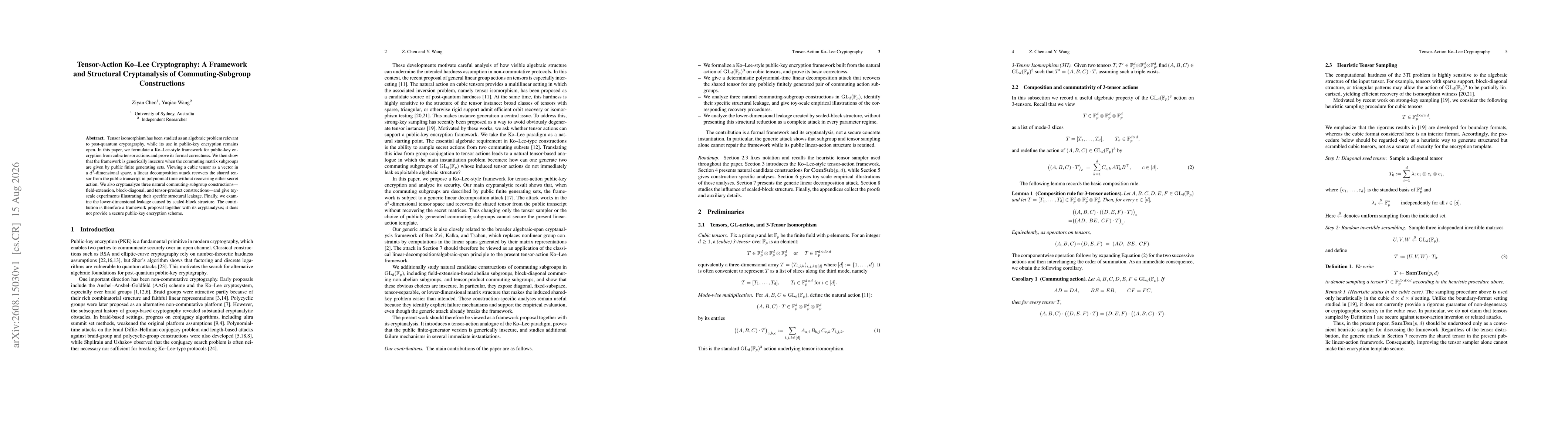 Thumbnail for Tensor--Action Ko--Lee Cryptography: A Framework and Structural Cryptanalysis of Commuting Subgroup Constructions