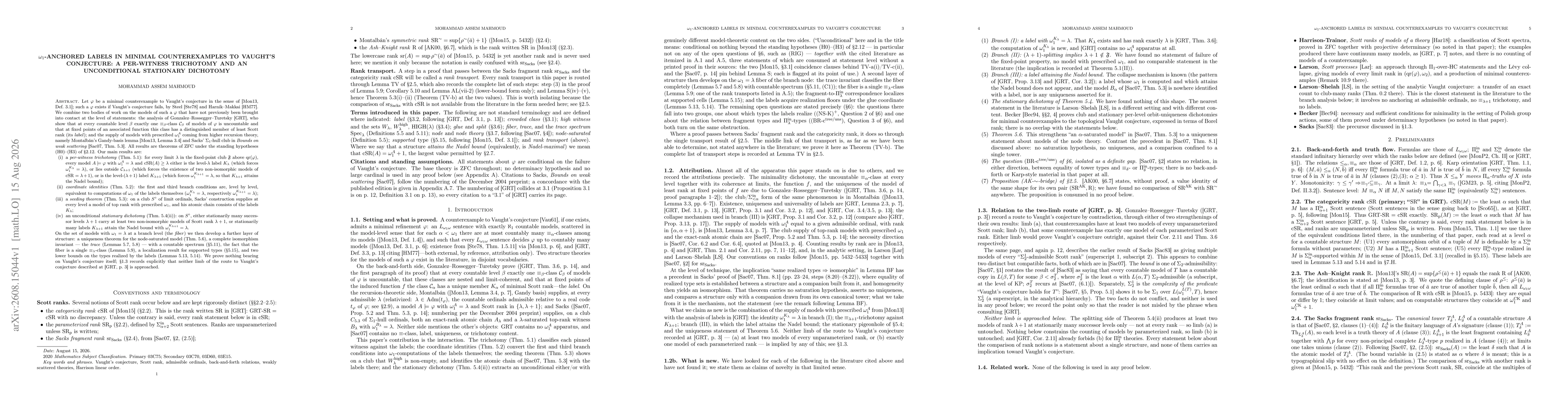 Thumbnail for $ω_1$-anchored labels in minimal counterexamples to Vaught's conjecture: a per-witness trichotomy and an unconditional stationary dichotomy