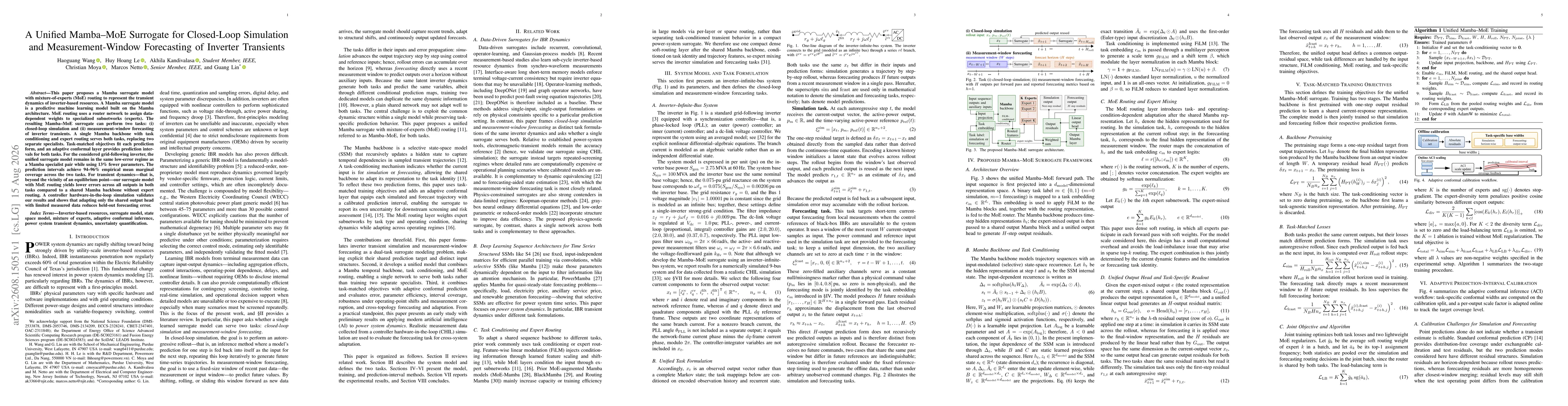 Thumbnail for A Unified Mamba--MoE Surrogate for Closed-Loop Simulation and Measurement-Window Forecasting of Inverter Transients