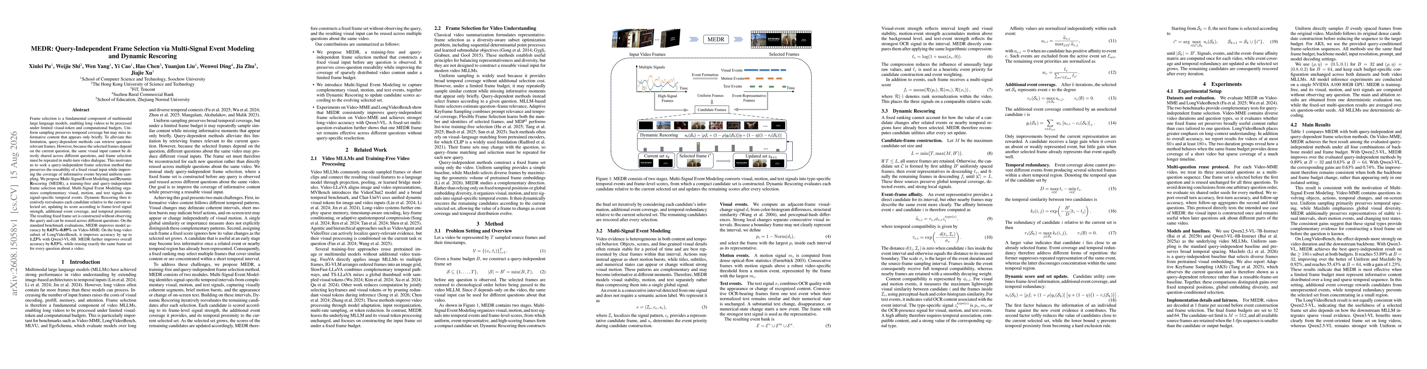 Thumbnail for MEDR: Query-Independent Frame Selection via Multi-Signal Event Modeling and Dynamic Rescoring