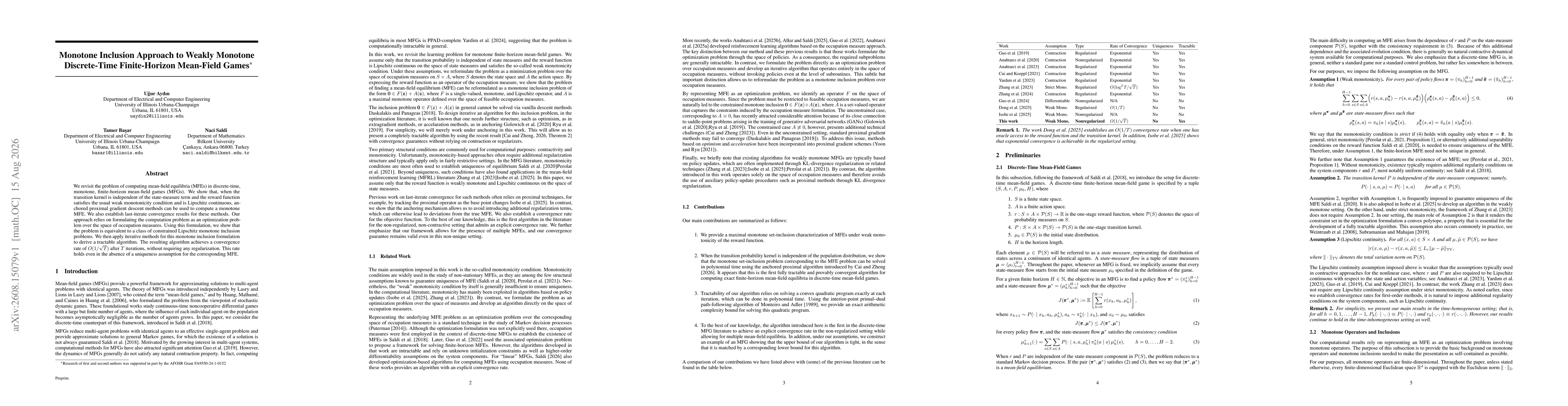 Thumbnail for Monotone Inclusion Approach to Weakly Monotone Discrete-Time Finite-Horizon Mean-Field Games