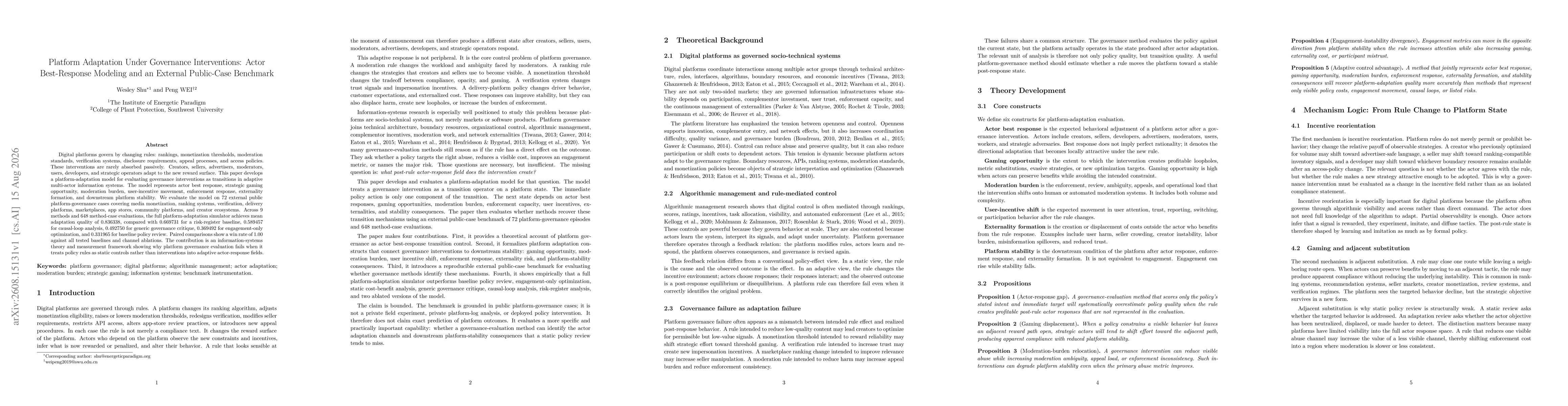 Thumbnail for Platform Adaptation Under Governance Interventions: Actor Best-Response Modeling and an External Public-Case Benchmark