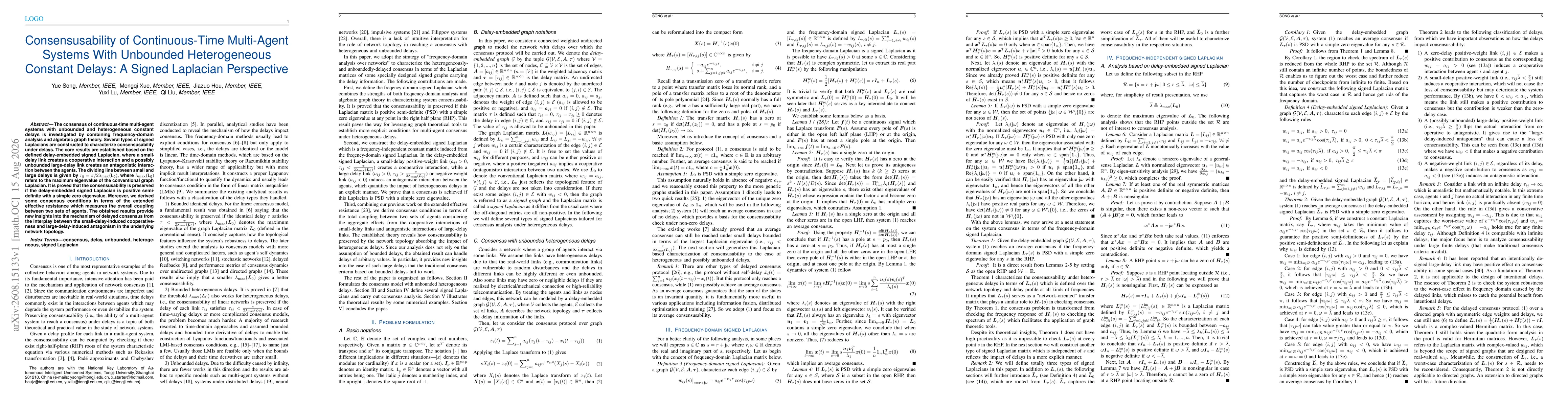 Thumbnail for Consensusability of Continuous-Time Multi-Agent Systems With Unbounded Heterogeneous Constant Delays: A Signed Laplacian Perspective