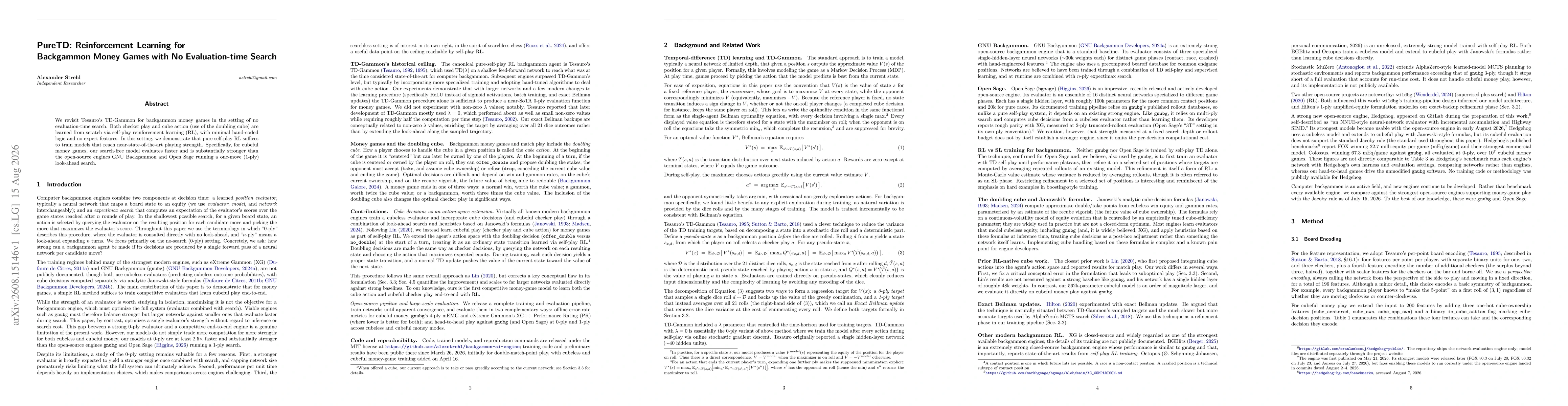 Thumbnail for PureTD: Reinforcement Learning for Backgammon Money Games with No Evaluation-time Search