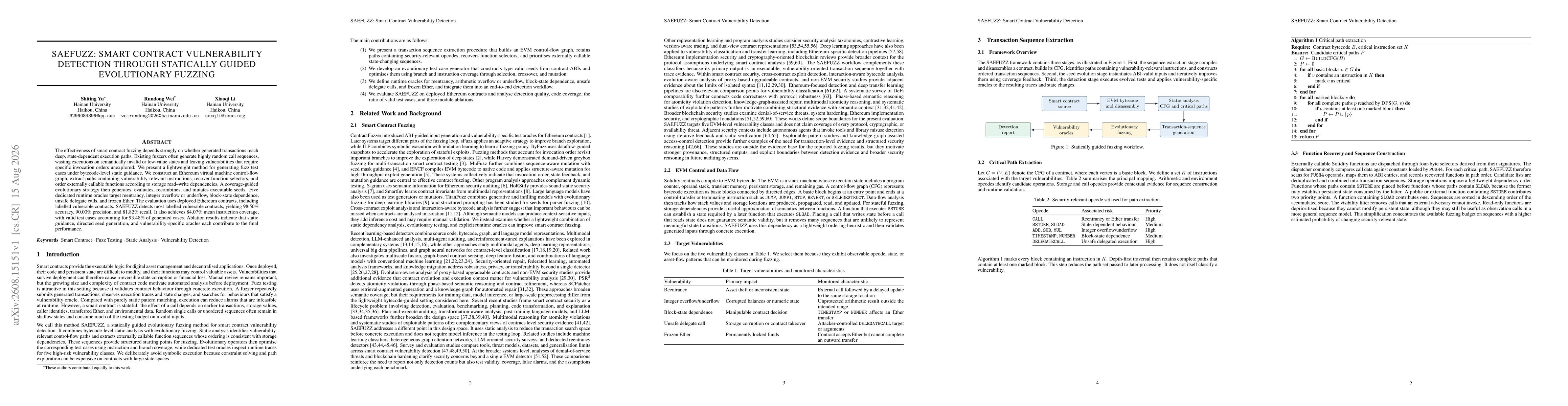 Thumbnail for SAEFUZZ: Smart Contract Vulnerability Detection through Statically Guided Evolutionary Fuzzing